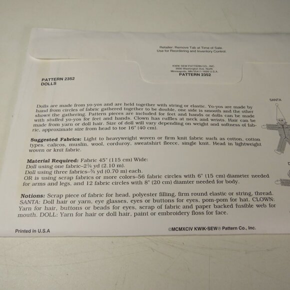 Kwik Sew 2352 Sewing Pattern NEW UNOPENED  Yo Yo Dolls Clown Vintage - Picture 4 of 6